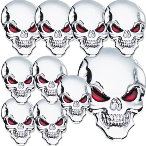 Sada 10ks samolepka 3D Lebka - Skull, barva chrom - vhodná na auto, motorku, na nábytek, na sešit