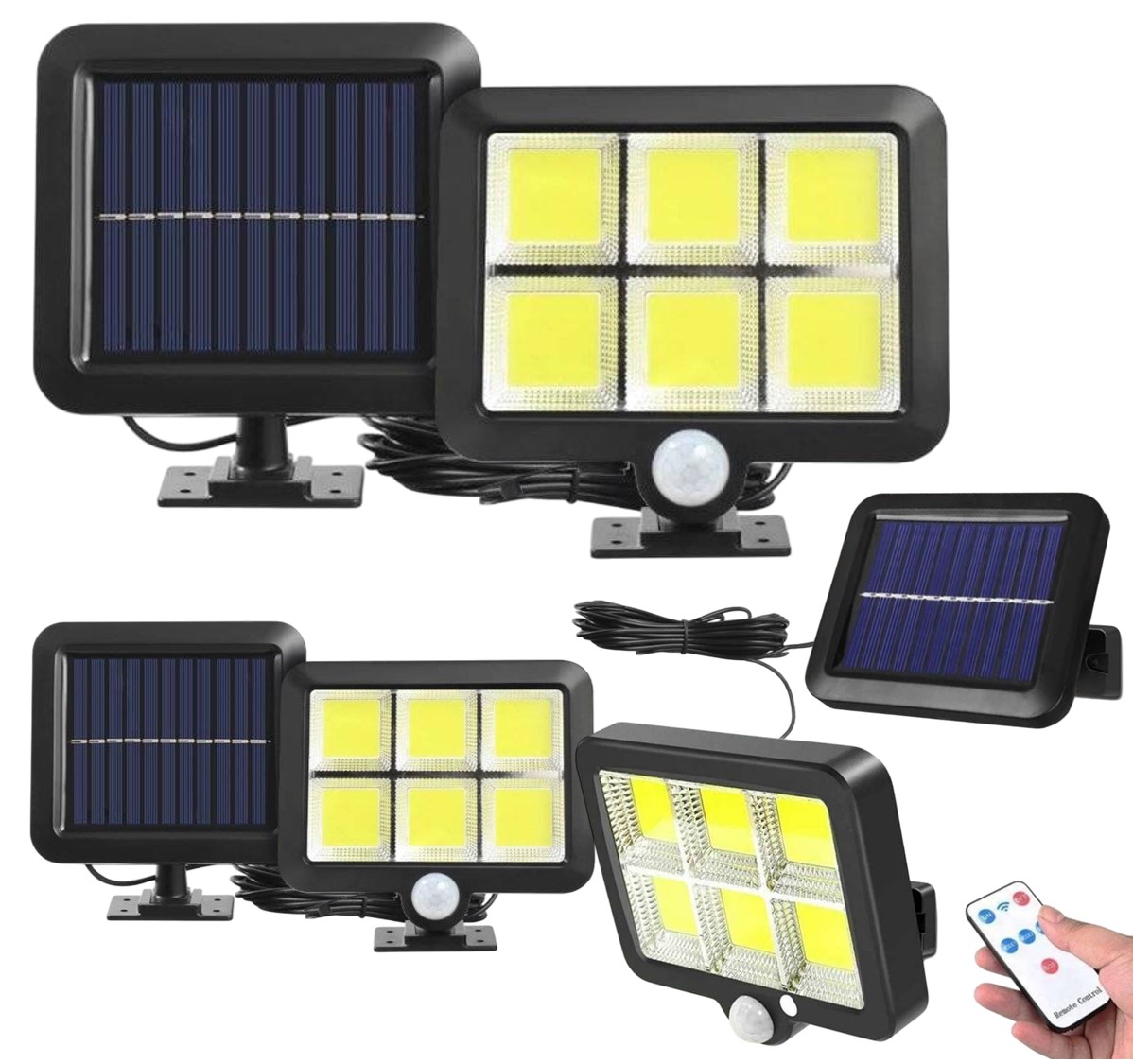 Sada 3ks LED solární světlo - reflektor 120 COB LED s modulárním solárním panelem, pohybový a soumrakový senzor, s dálkovým ovládáním