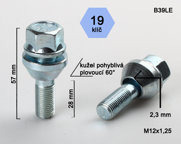 Kolový šroub M12x1,25x28mm, dosedací plocha plovoucí kužel, klíč 19, pozink