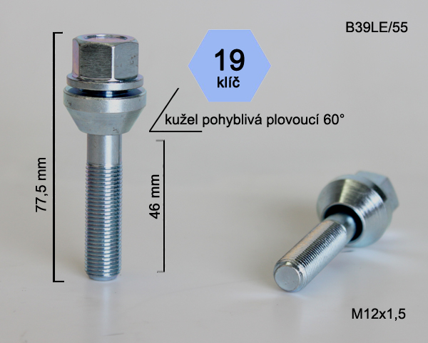 Kolový šroub M12x1,25x46mm, dosedací plocha plovoucí kužel, klíč 19, pozink