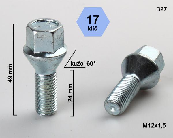 Kolový šroub M12x1,5x24mm, dosedací plocha kužel, klíč 17, pozink