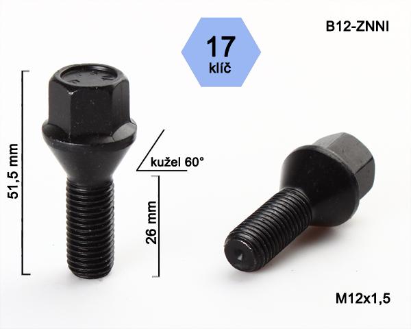 Kolový šroub M12x1,5x26mm, dosedací plocha kužel, klíč 17, černý pozink černý