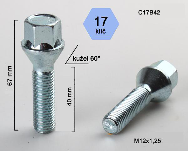 Kolový šroub M12x1,25x42mm, dosedací plocha kužel, klíč 17, pozink