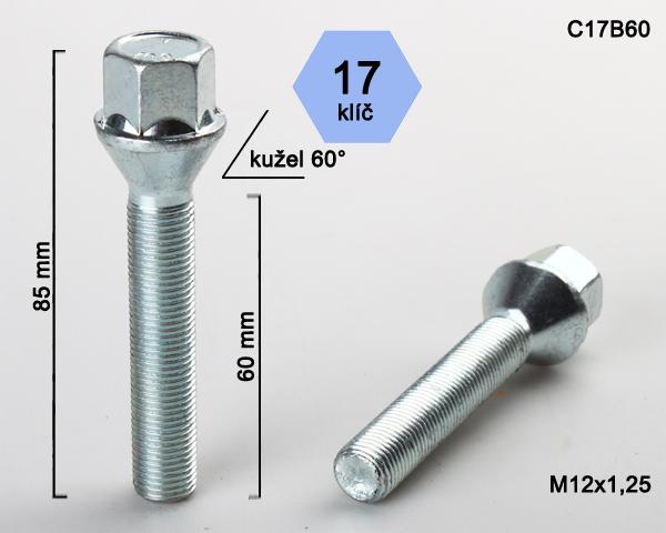 Kolový šroub M12x1,25x60mm, dosedací plocha kužel, klíč 17, pozink
