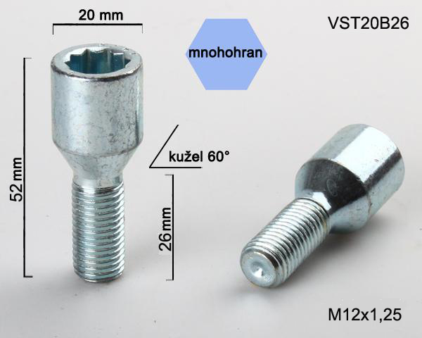 Kolový šroub M12x1,25x26, kužel s vnitřním mnohohranem, průměr hlavy 20, pozink
