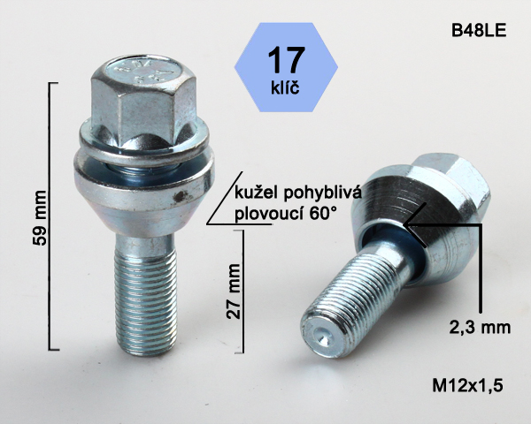 Kolový šroub M12x1,5x27mm, dosedací plocha plovoucí kužel, klíč 17, pozink