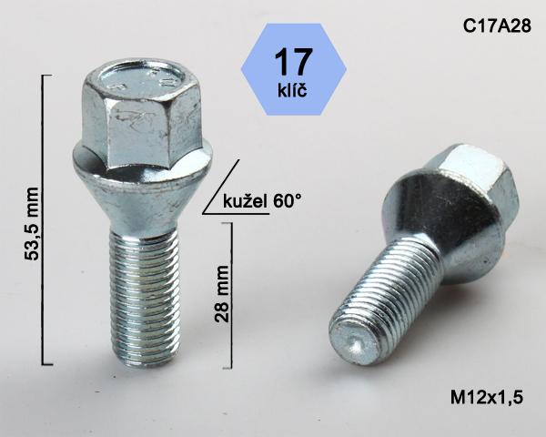 Kolový šroub M12x1,5x28mm, dosedací plocha kužel, klíč 17, pozink