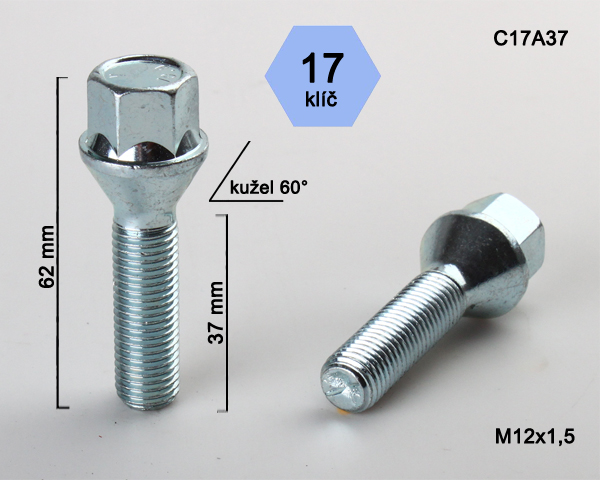 Kolový šroub M12x1,5x37mm, dosedací plocha kužel, klíč 17, pozink