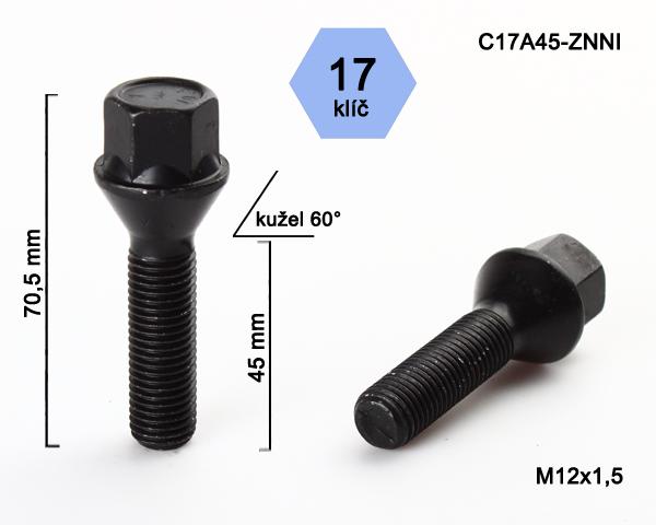 Kolový šroub M12x1,5x45mm, dosedací plocha kužel, klíč 17, černý pozink