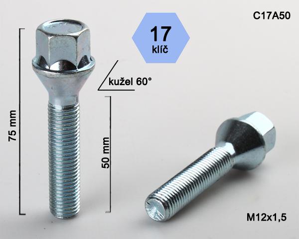 Kolový šroub M12x1,5x50mm, dosedací plocha kužel, klíč 17, pozink