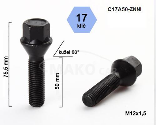 Kolový šroub M12x1,5x50mm, dosedací plocha kužel, klíč 17, černý