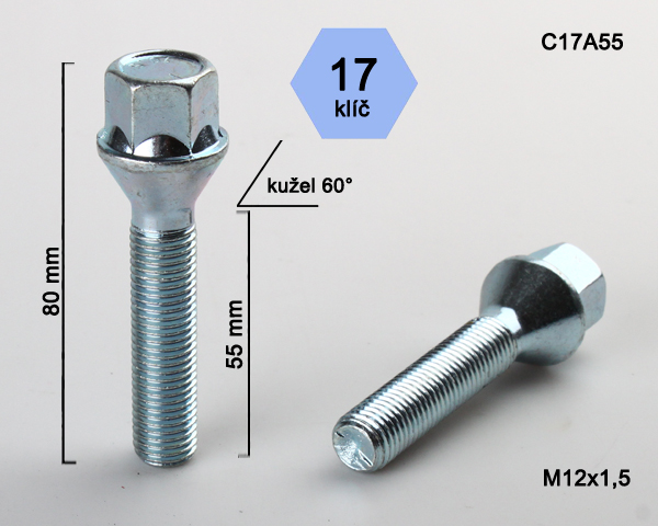 Kolový šroub M12x1,5x55mm, dosedací plocha kužel, klíč 17, pozink