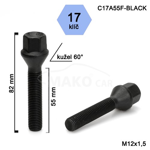 Kolový šroub M12x1,5x55mm, dosedací plocha kužel, klíč 17, černý
