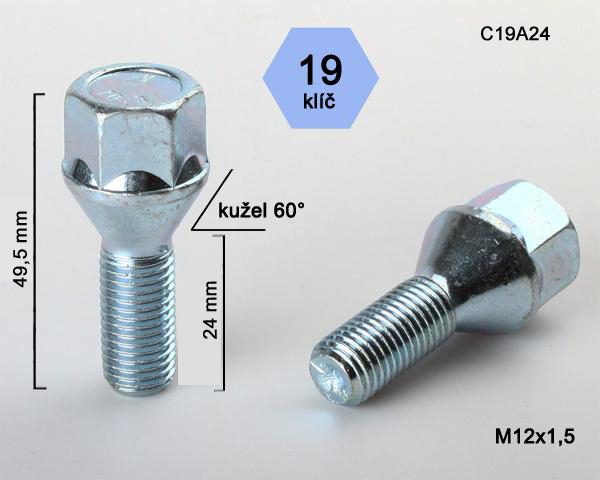 Kolový šroub M12x1,5x24mm, dosedací plocha kužel, klíč 19, pozink