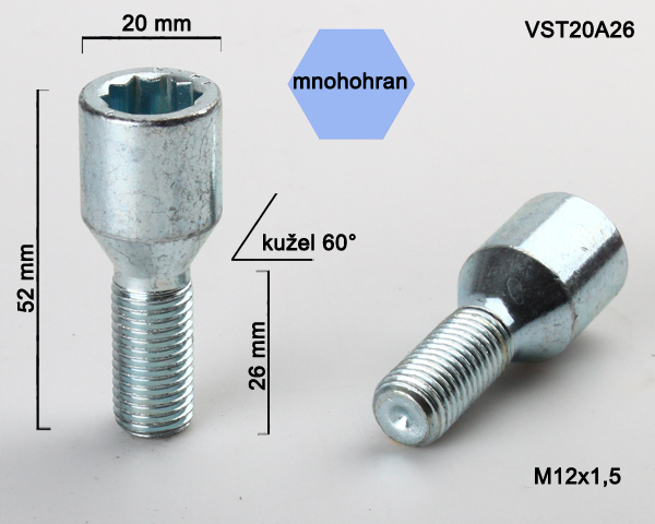 Kolový šroub M12x1,5x26, kužel s vnitřním mnohohranem, průměr hlavy 20, pozink