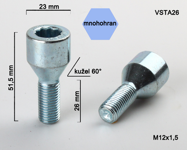 Kolový šroub M12x1,5x26, kužel s vnitřním mnohohranem, průměr hlavy 23, pozink