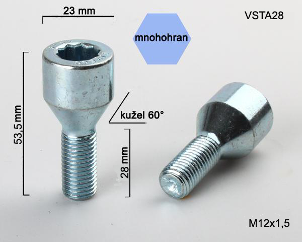 Kolový šroub M12x1,5x28, kužel s vnitřním mnohohranem, průměr hlavy 23, pozink