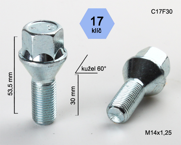 Kolový šroub M14x1,25x30mm, dosedací plocha kužel, klíč 17, pozink