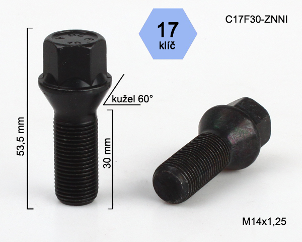 Kolový šroub M14x1,25x30mm, dosedací plocha kužel, klíč 17, černý pozink