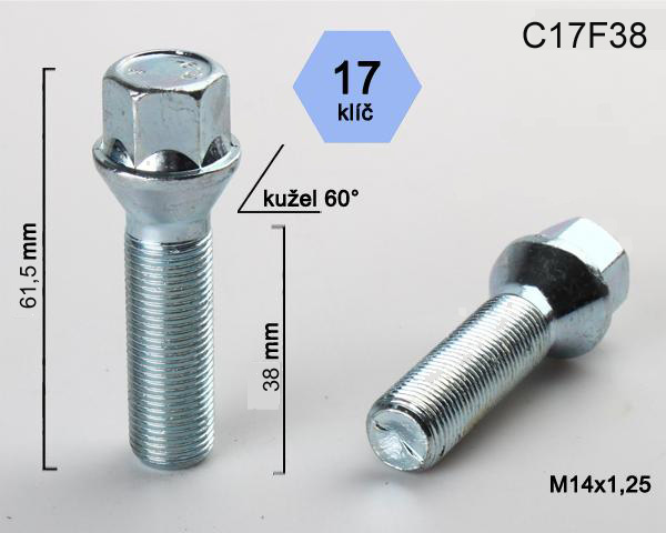 Kolový šroub M14x1,25x38mm, dosedací plocha kužel, klíč 17, pozink