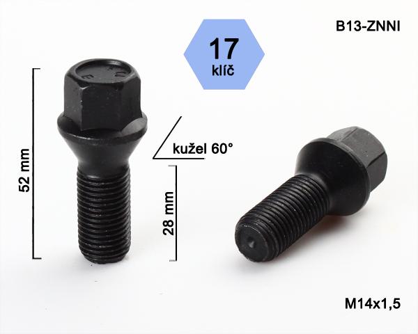 Kolový šroub M14x1,5x28mm, dosedací plocha kužel, klíč 17, černý pozink