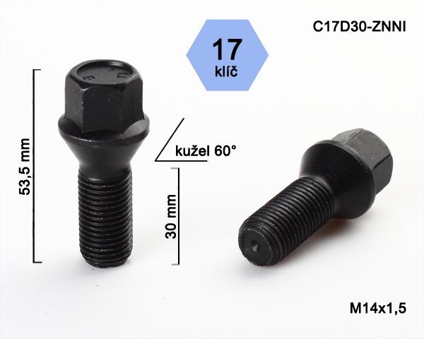 Kolový šroub M14x1,5x30mm, dosedací plocha kužel, klíč 17, černý pozink