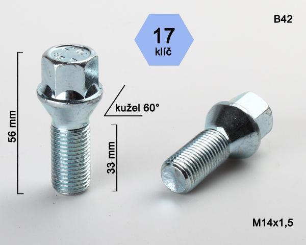 Kolový šroub M14x1,5x33mm, dosedací plocha kužel, klíč 17, pozink