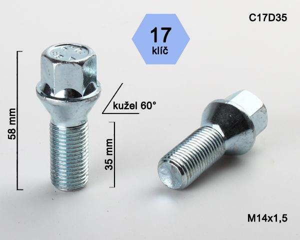 Kolový šroub M14x1,5x35mm, dosedací plocha kužel, klíč 17, pozink