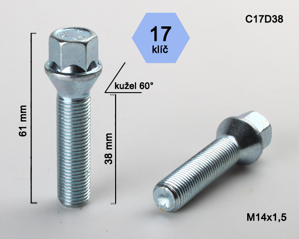 Kolový šroub M14x1,5x38mm, dosedací plocha kužel, klíč 17, pozink