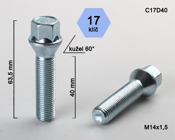 Kolový šroub M14x1,5x40mm, dosedací plocha kužel, klíč 17, pozink