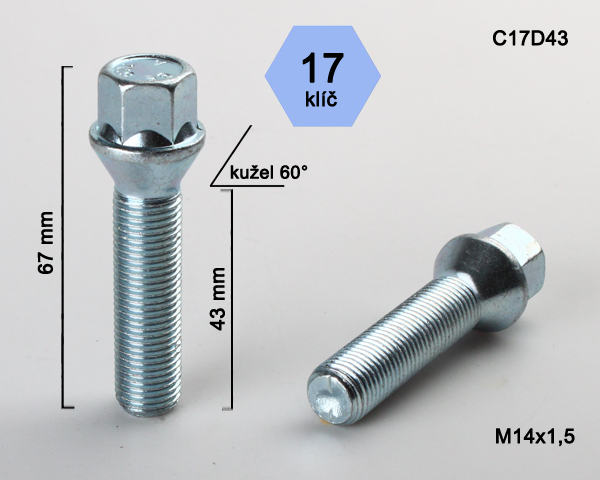 Kolový šroub M14x1,5x43mm, dosedací plocha kužel, klíč 17, pozink