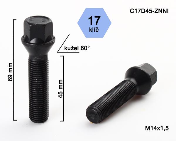 Kolový šroub M14x1,5x45mm, dosedací plocha kužel, klíč 17, černý pozink