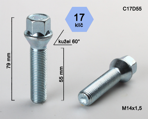 Kolový šroub M14x1,5x55mm, dosedací plocha kužel, klíč 17, pozink