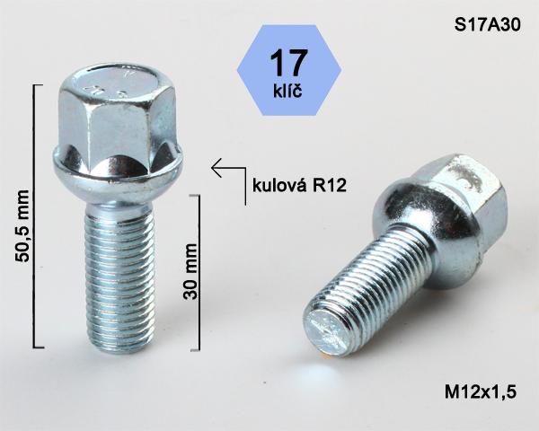 Kolový šroub M12x1,5x30mm, dosedací plocha koule R12, klíč 17, pozink