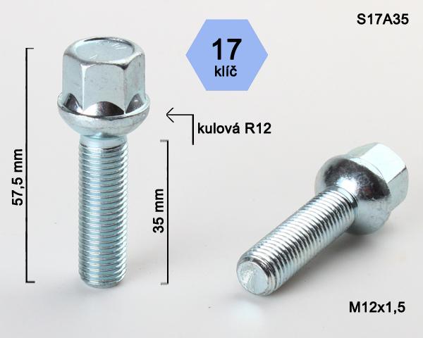 Kolový šroub M12x1,5x35mm, dosedací plocha koule R12, klíč 17, pozink
