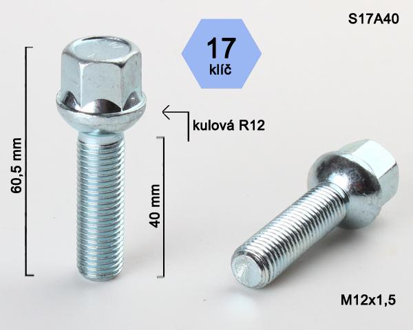 Kolový šroub M12x1,5x40 mm, dosedací plocha koule R12, klíč 17, pozink