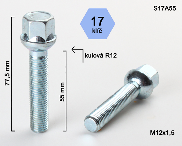 Kolový šroub M12x1,5x55mm dosedací plocha koule R12, klíč 17, pozink