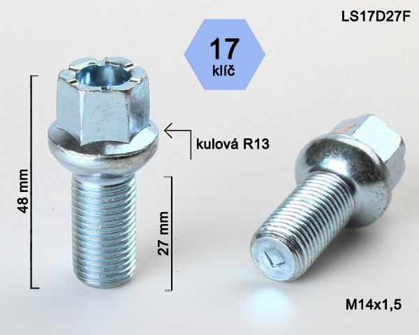 Kolový šroub M14x1,5x27mm, dosedací plocha koule R13, klíč 17, pozink