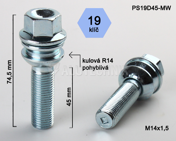 Kolový šroub M14x1,5x45mm, dosedací plocha koule R14 pohyblivá, klíč 19, pozink