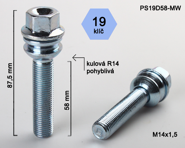 Kolový šroub M14x1,5x58mm, dosedací plocha koule R14 pohyblivá, klíč 19, pozink stříbrný