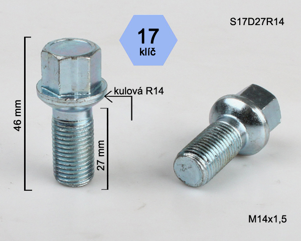 Kolový šroub M14x1,5x27mm, dosedací plocha koule R14, klíč 17, pozink