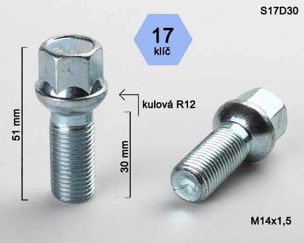 Kolový šroub M14x1,5x30mm, dosedací plocha koule R12, klíč 17, pozink