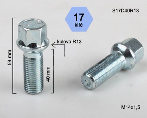 Kolový šroub M14x1,5x40mm, dosedací plocha koule R13, klíč 17, pozink stříbrný