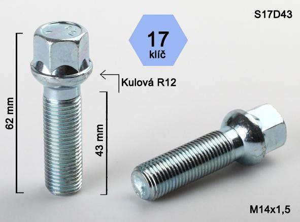 Kolový šroub M14x1,5x43mm, dosedací plocha koule R12, klíč 17, pozink