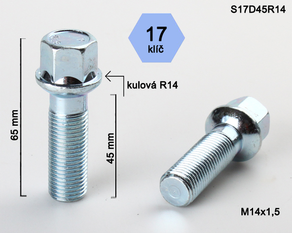 Kolový šroub M14x1,5x45mm, dosedací plocha koule R14, klíč 17, stříbrný pozink