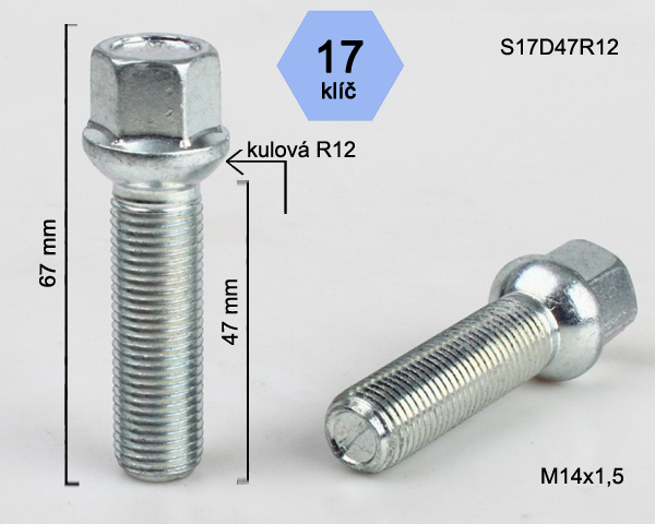 Kolový šroub M14x1,5x47mm dosedací plocha koule R12, klíč 17, pozink