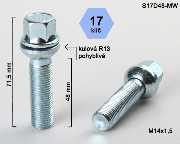 Kolový šroub M14x1,5x48mm, dosedací plocha koule R13 pohyblivá, klíč 17, pozink