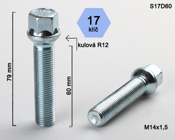 Kolový šroub M14x1,5x60mm, dosedací plocha koule R12, klíč 17, pozink