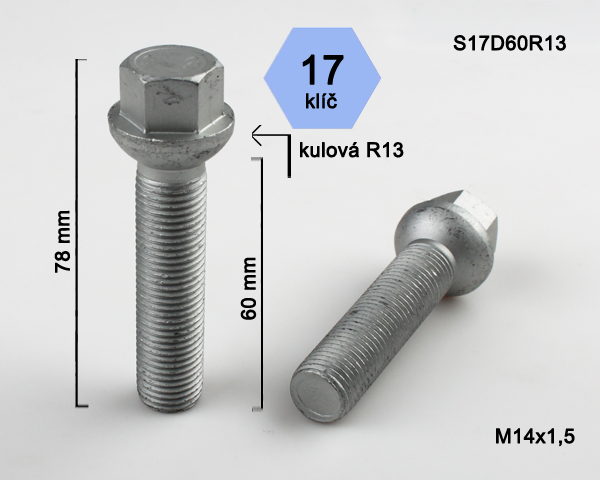 Kolový šroub M14x1,5x60mm, dosedací plocha koule R13, klíč 17, pozink