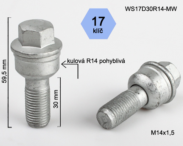Kolový šroub M14x1,5x30mm, dosedací plocha koule R14 pohyblivá, klíč 17, pozink